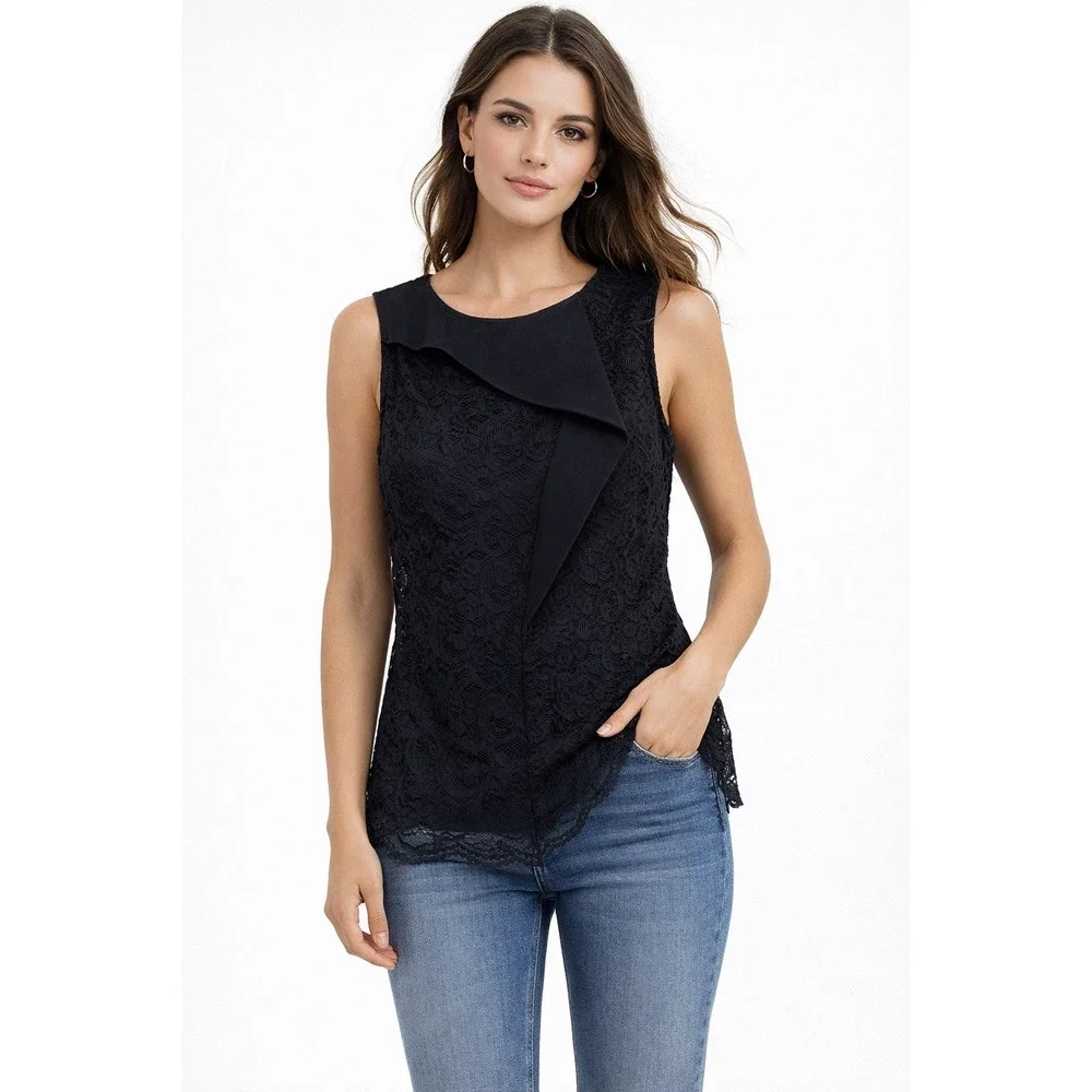 Tahari Black Lace Overlay Sleeveless Top Sheath Style Zipper Back Women's Size 4